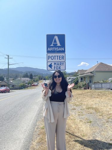 Sabrina Sachiko Campbell the day she landed the apprenticeship- infront of Mary Fox sign